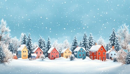 Fototapeta premium Winter landscape with colorful houses in the snow, wide banner on the right side with copy space, detailed background and dreamy childrens book vibe, generative AI