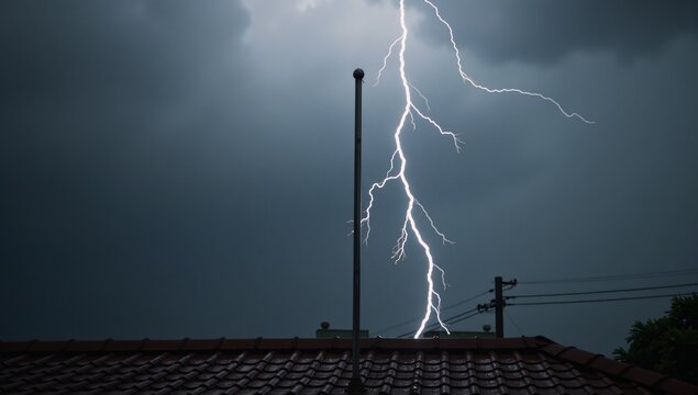 Storm-wracked rooftop with lightning rod offering protection and safety amidst swirling energy of wet weather