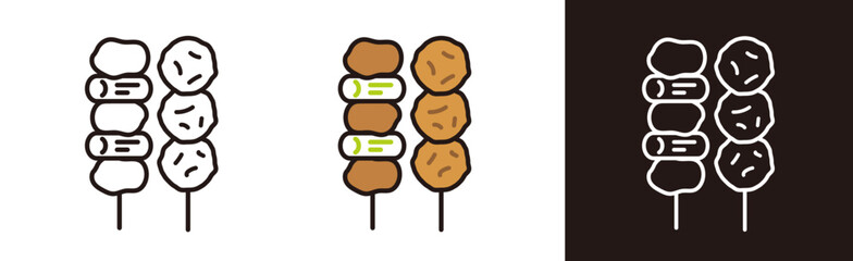 焼き鳥のアイコンイラスト。ねぎまとつくねの串。
