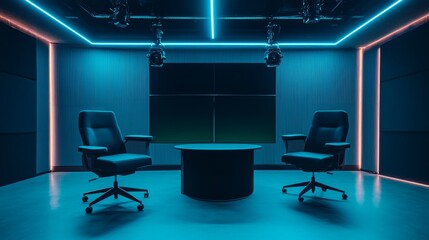 Sleek podcast studio featuring three chairs and black matte tables under adjustable spotlights, with glowing LED accents and ample branding space behind