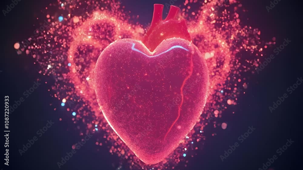 Poster a vigorously energetic heart dissolving into glowing particles: an abstract representation of love a