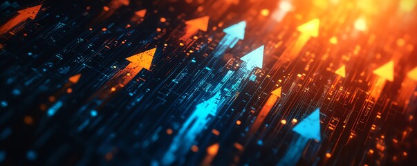 Abstract background with upwardpointing orange and blue arrows, representing positive trend and business growth, generative AI visual style