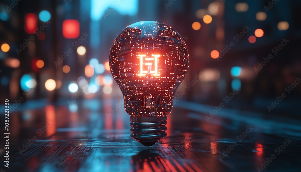 Poster ai system logo featuring a holographic light bulb and circuit patterns, with a blurred night citysca