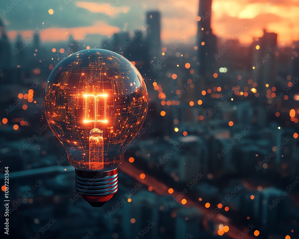 Poster ai system logo featuring a holographic light bulb and circuit patterns, with a blurred night citysca