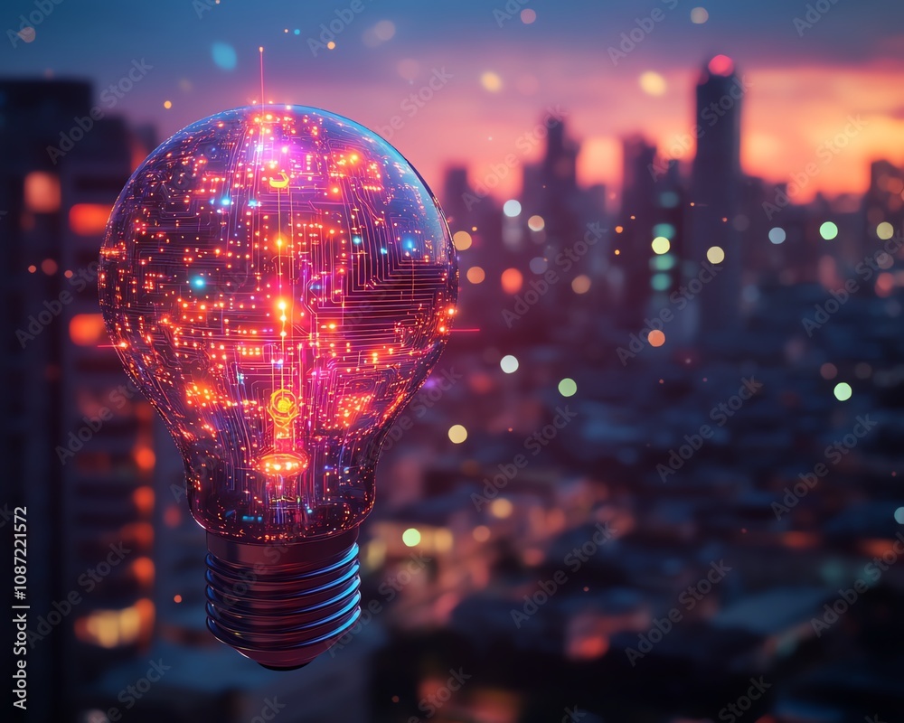 Poster AI system logo featuring a holographic light bulb and circuit patterns, with a blurred night cityscape background, generative AI design