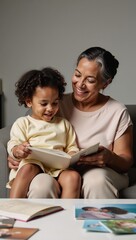 Obraz premium Elderly African American woman and grandchild bond over a family photo album or book at home portrait setting