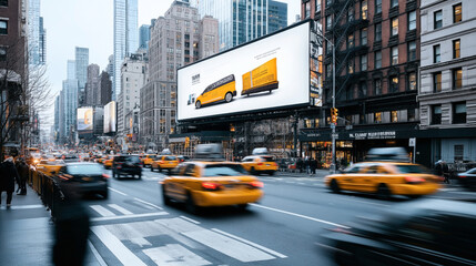 Bustling urban street with yellow taxis and skyscrapers, featuring large billboards on buildings in...