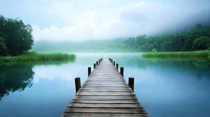 Fototapeta premium Wooden dock extending over tranquil blue water, surrounded by wetlands and lush evergreen forest beneath a cloudy sky, offering a captivating natural scene with ample copy space.