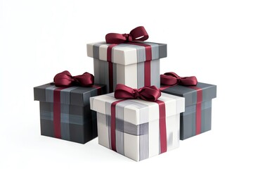 Here are a few options for your stock photo description, all under 150 characters:

**Option 1 (Focus on the gifts):**

> Four elegant gift boxes, grey and white plaid with maroon 