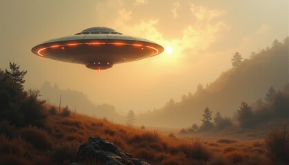 Fototapeta premium Mysterious UFO hovering over a foggy landscape at sunrise, symbolizing extraterrestrial encounters and adventure