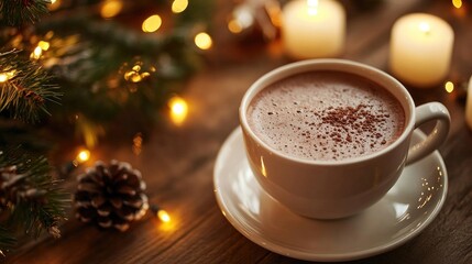 A cozy cup of warm hot chocolate sits on a saucer atop a wooden table, surrounded by candle lights and a Christmas tree, creating an inviting Christmas Eve atmosphere.