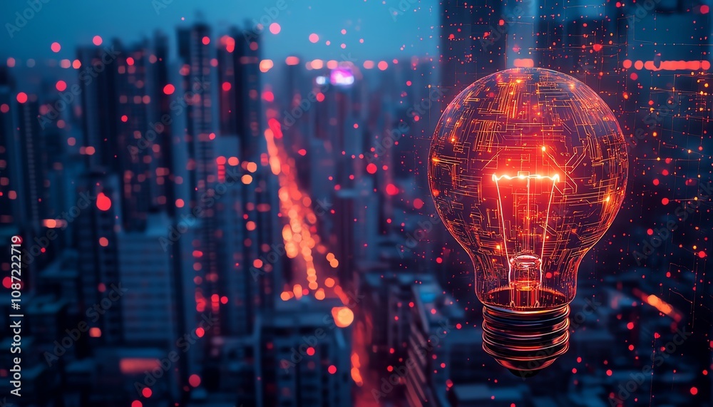 Poster Digital AI system logo with holographic light bulb and intricate circuit patterns, set against a city skyline at night, generative AI style