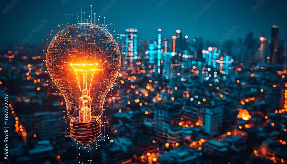 Poster Digital AI system logo with holographic light bulb and intricate circuit patterns, set against a city skyline at night, generative AI style