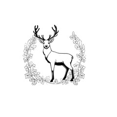 Fototapeta premium A line drawing of a deer standing in a circular frame of flowers SVG illustration art 