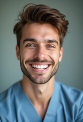 Young man with perfect healthy pearly white teeth smile. Health, teeth whitening, dental care, dentistry, stomatology concept