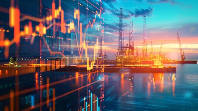 Panoramic view of an offshore oil and gas production platform at sunset with market finance data charts and graphs overlaying the reflection in the calm ocean waters