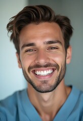 Young man with perfect healthy pearly white teeth smile. Health, teeth whitening, dental care, dentistry, stomatology concept