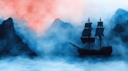 Fototapeta premium A silhouette of a sailing ship navigates through misty waters, surrounded by dark mountains under a colorful, smoky sky.