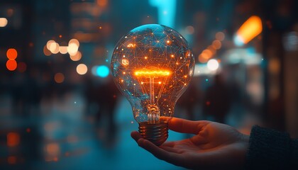 Digital hologram of a light bulb with glowing lines and icons representing innovation