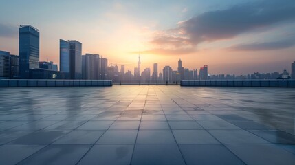 Obraz premium Empty square floor with city skyline background, Downtown city plaza at sunset, warm tones