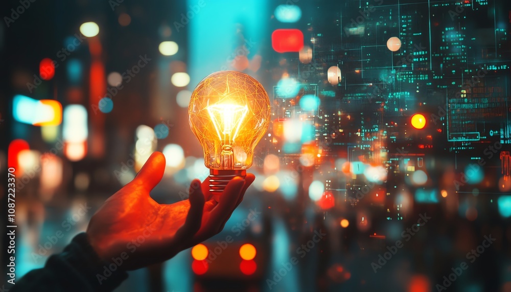 Leinwandbilder digital innovation concept with a light bulb in hand, surrounded by digital interfaces and global on