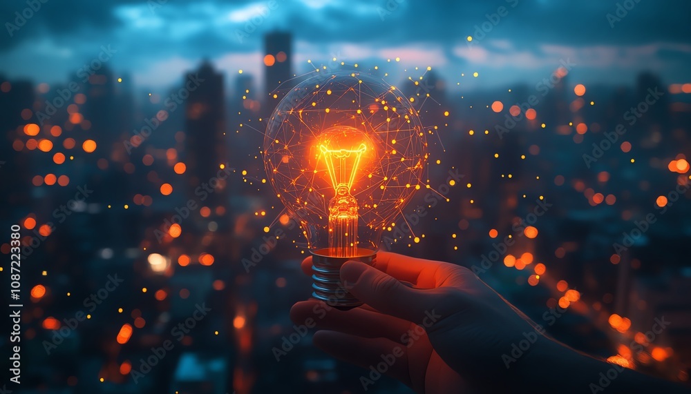 Poster digital innovation concept with a light bulb in hand, surrounded by digital interfaces and global on