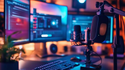 A close-up of a microphone in a home studio, positioned in front of a computer with two monitors displaying colorful code