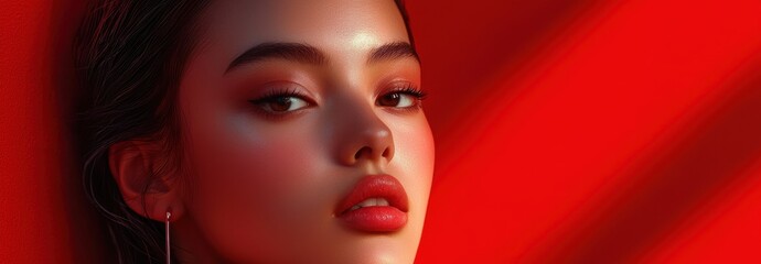 Obraz premium A striking portrait featuring a woman against a vibrant red gradient background. The subtle lighting enhances her features and creates a captivating atmosphere.