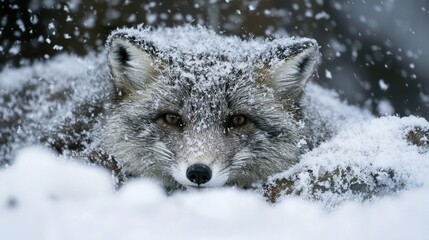 Fototapeta premium Arctic Fox Camouflaged Amidst Snowy Landscape, Expertly Blending with Surrounding Snow-Covered Terrain in a Winter Wonderland Scene