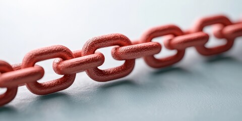 A close-up of a red chain links against a textured surface, highlighting its design and color.