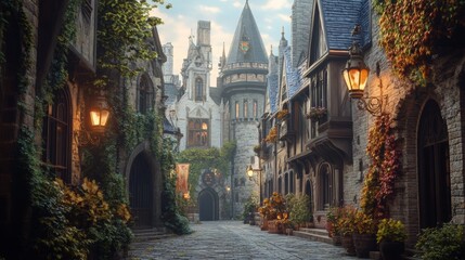 Obraz premium Medieval Modernity, a vibrant urban street showcasing a fusion of medieval castle architecture and contemporary design elements.