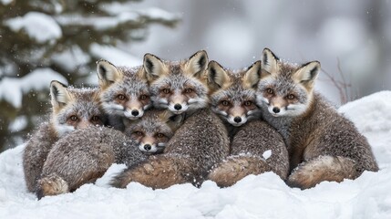 Obraz premium A Heartwarming Gathering of Arctic Foxes Snuggling Together in the Snow, Showcasing Their Close-Knit Bond and Resilience in a Winter Wonderland
