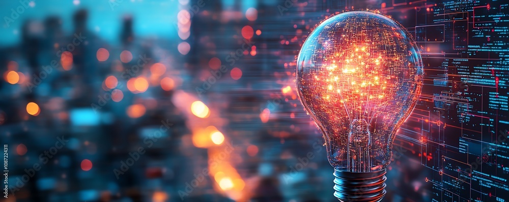 Poster Futuristic AI system logo with a holographic light bulb and circuit patterns, against a blurred urban cityscape at night, generative AI concept