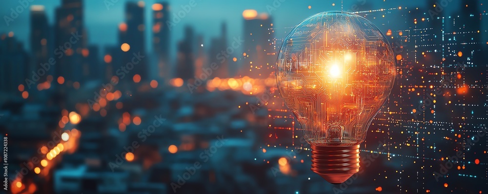 Aufkleber futuristic ai system logo with a holographic light bulb and circuit patterns, against a blurred urba