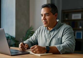Fototapeta premium Mature professional man writing notes while looking away and thinking during online meeting at workplace