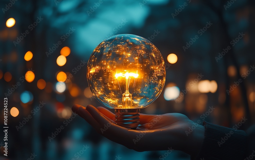 Aufkleber futuristic light bulb in hand with digital interface, global online connection concept, blurred city
