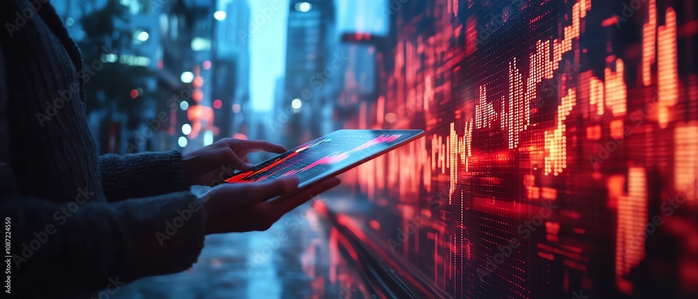 Poster global business network concept with a businessman holding a tablet showing a growth graph, double e