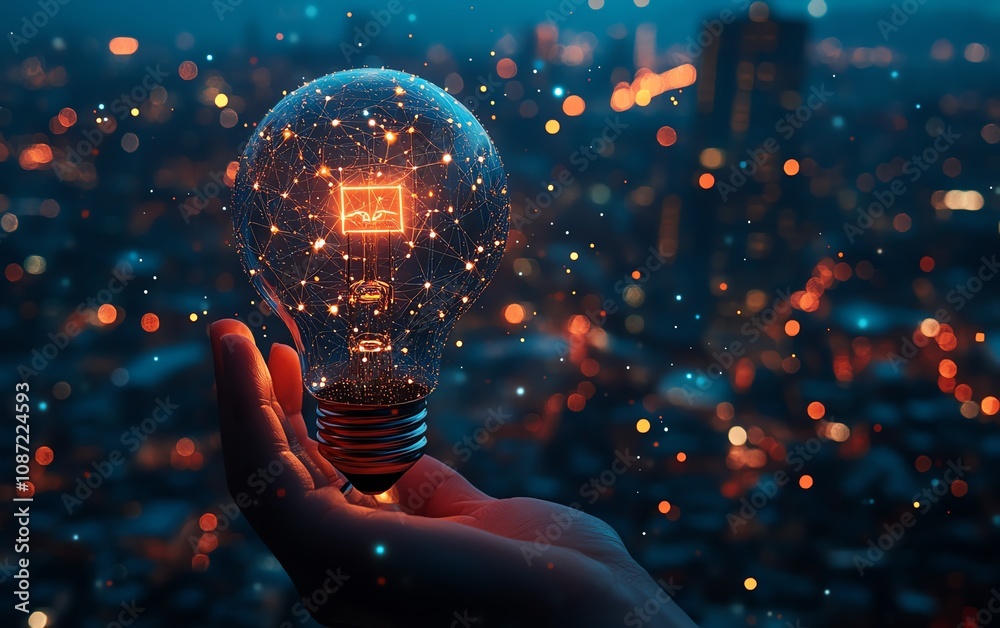 Poster futuristic light bulb in hand with digital interface, global online connection concept, blurred city
