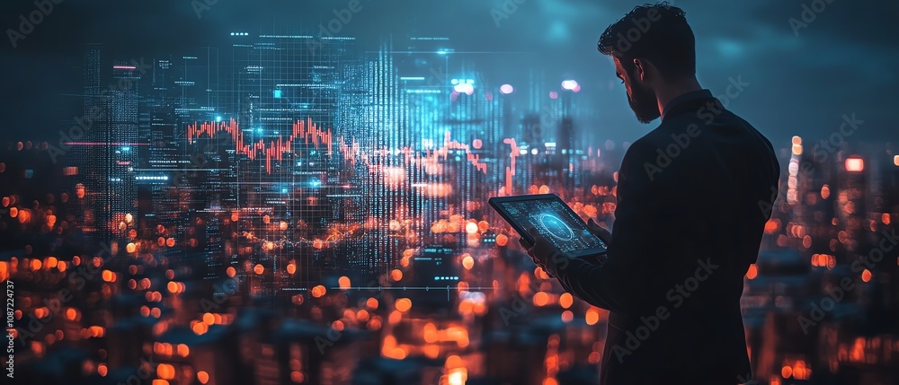 Poster global business network concept with a businessman holding a tablet showing a growth graph, double e