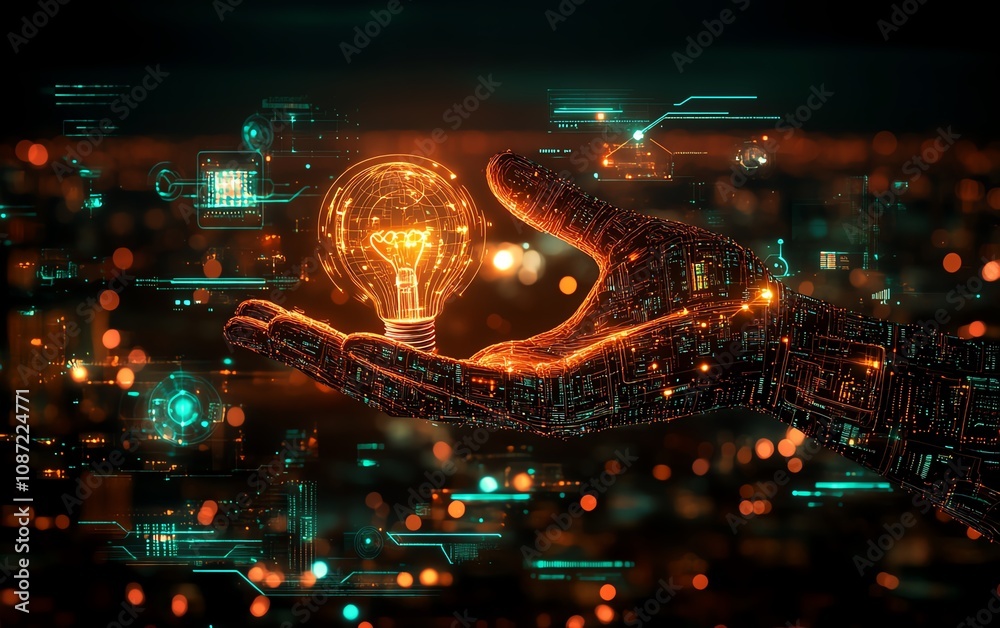 Poster global online connection idea with hand holding a light bulb, surrounded by digital interface elemen