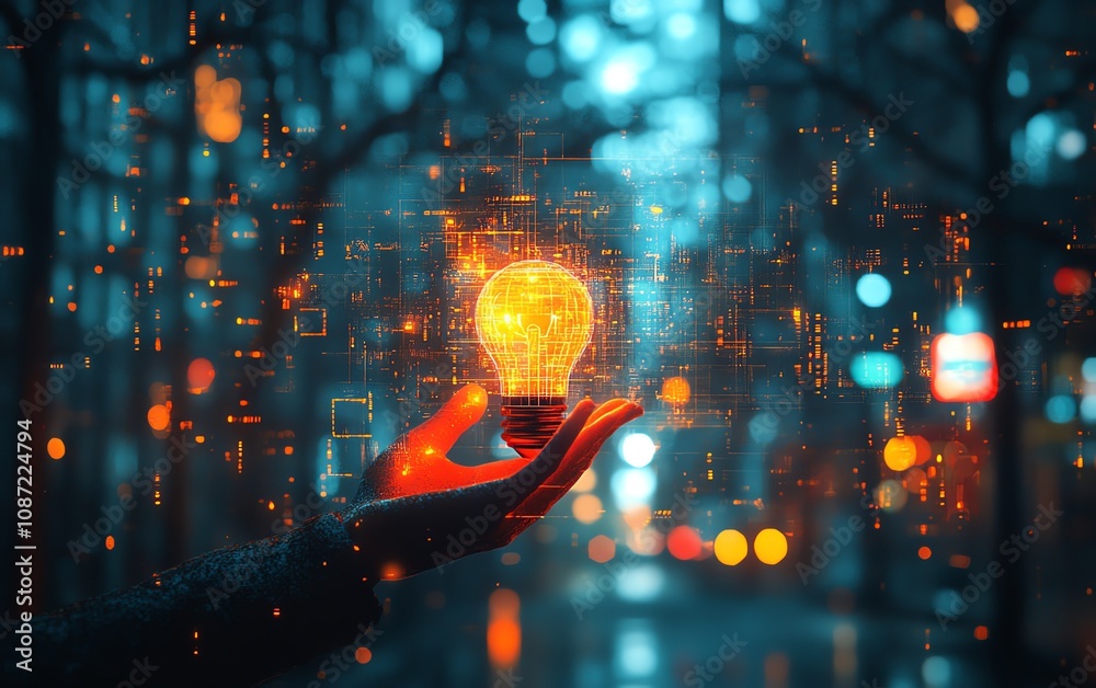 Poster Global online connection idea with hand holding a light bulb, surrounded by digital interface elements, set in a blurred city night background, generative AI style