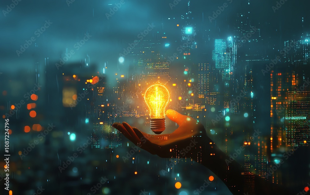 Poster global online connection idea with hand holding a light bulb, surrounded by digital interface elemen