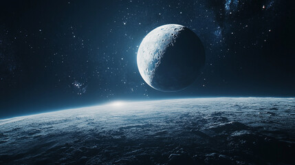A distant view of the moon emerging above the planet's surface in the vastness of space at night