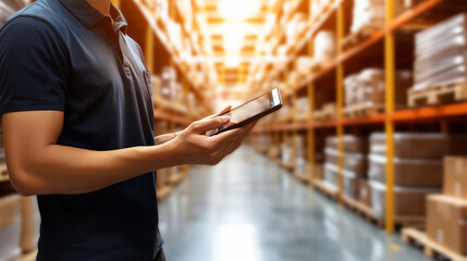 Fototapeta premium A warehouse worker holds a tablet while walking down an aisle in a bright warehouse, scanning items with shelves of organized inventory stretching far behind.