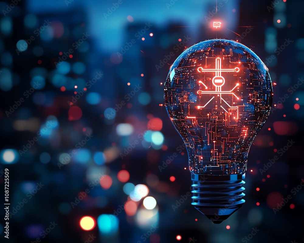 Poster Holographic light bulb and circuit patterns forming an AI system logo, set against a blurred cityscape at night, futuristic generative AI illustration