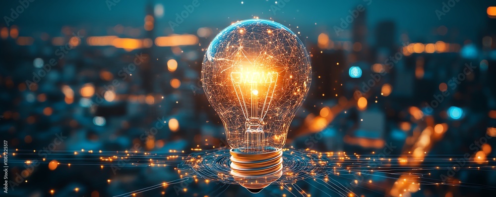 Aufkleber holographic light bulb and circuit elements forming an ai logo, with a blurred cityscape at night in