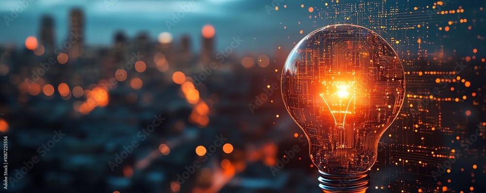Poster holographic light bulb and circuit elements forming an ai logo, with a blurred cityscape at night in