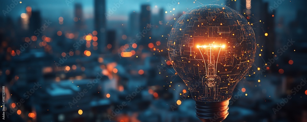 Poster holographic light bulb and circuit elements forming an ai logo, with a blurred cityscape at night in