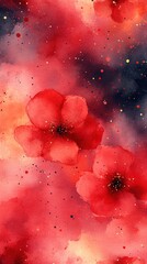 Vibrant watercolor painting of red flowers on a colorful background.