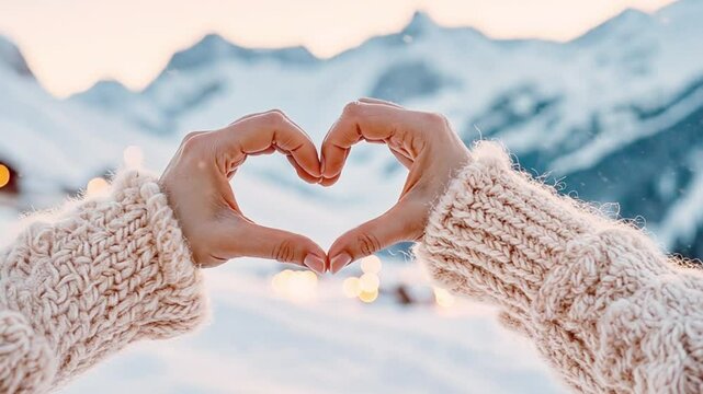 A woman's hands in a knitted sweater make a heart shape against a snowy mountain backdrop.